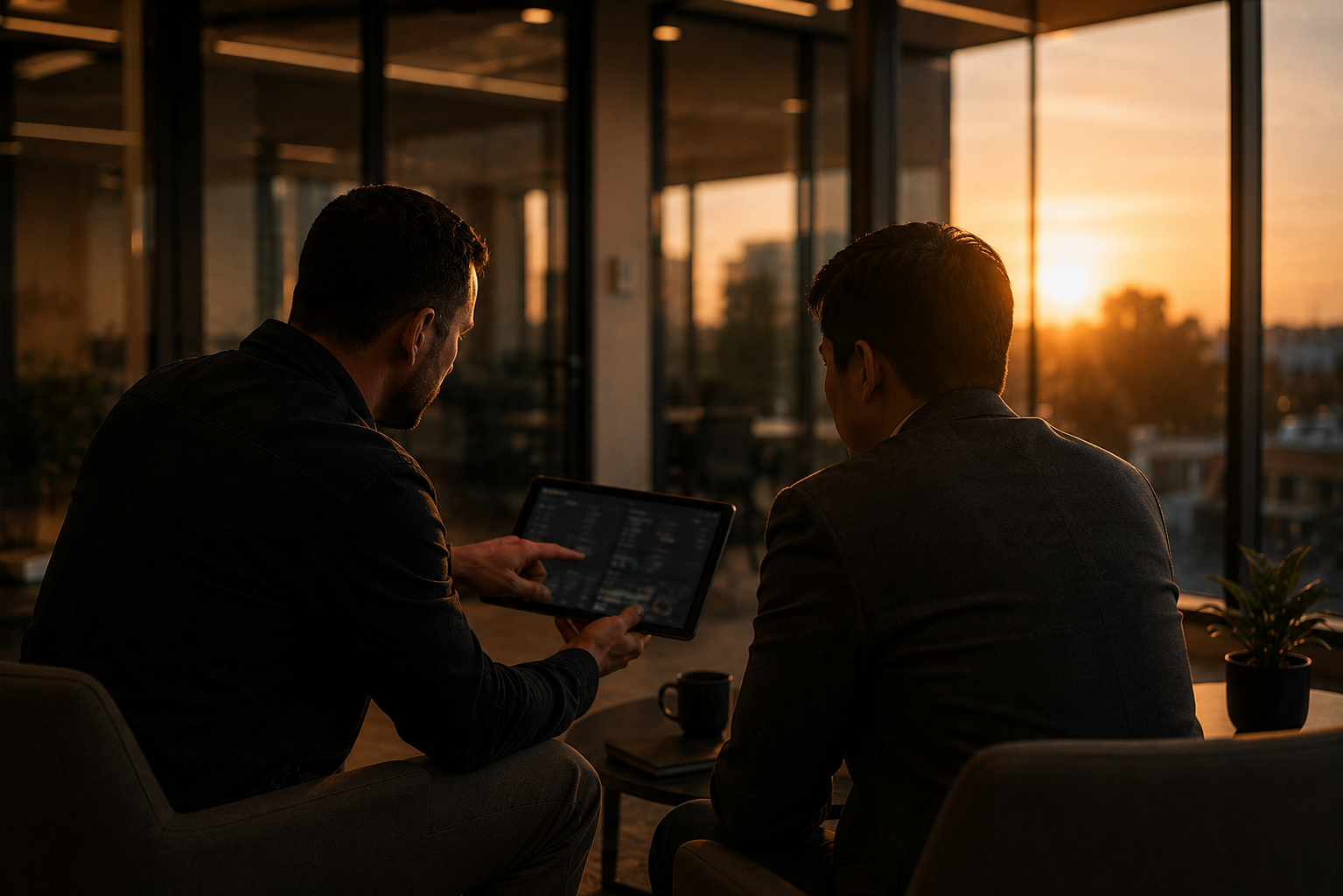 Two people reviewing a tablet dashboard together in an office at sunset