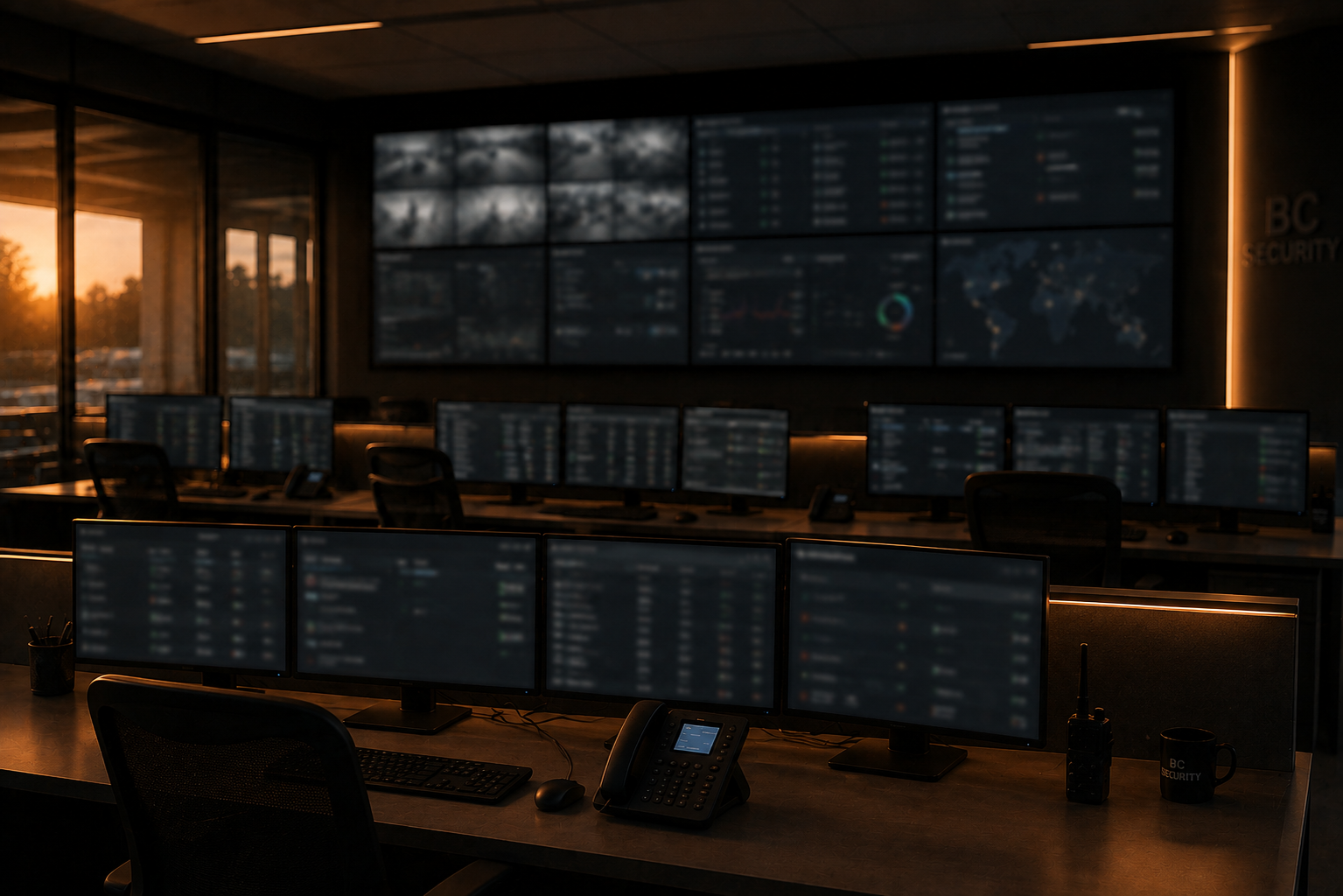BC Security operations centre with monitoring desks and video wall