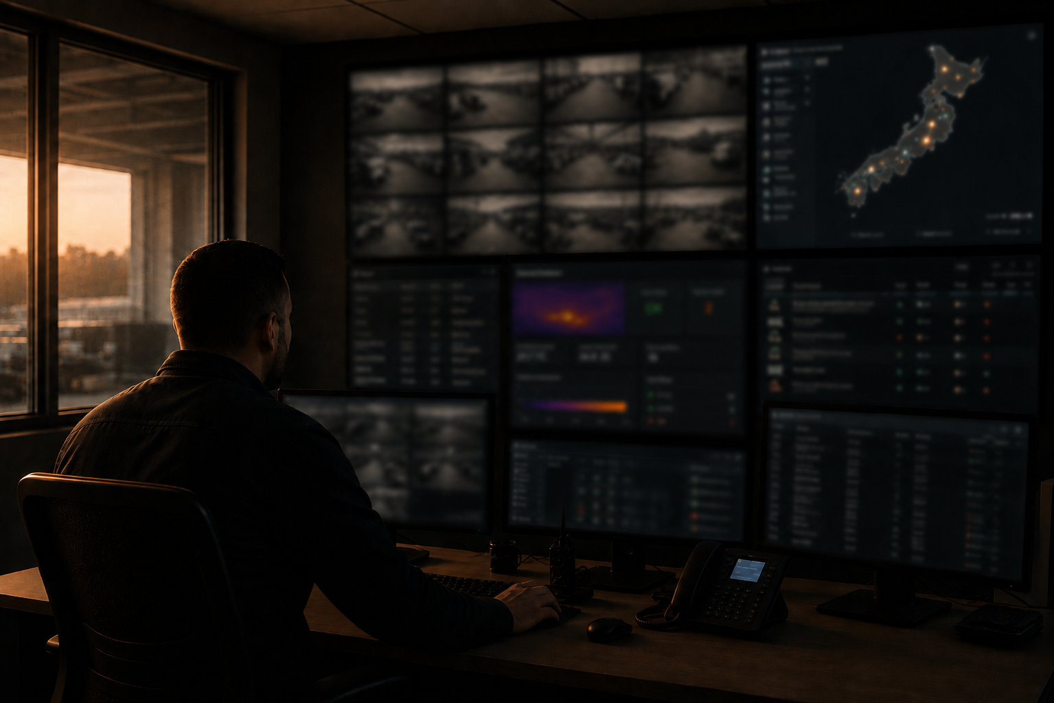 Security operations centre monitoring waste and logistics sites with CCTV and early-warning fire alerts