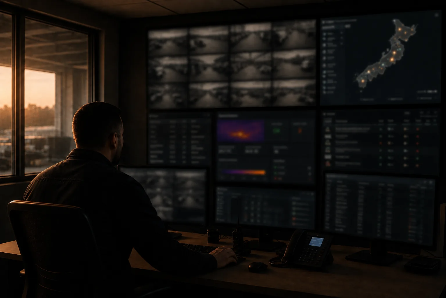 Security operations centre monitoring waste and logistics sites with CCTV and early-warning fire alerts